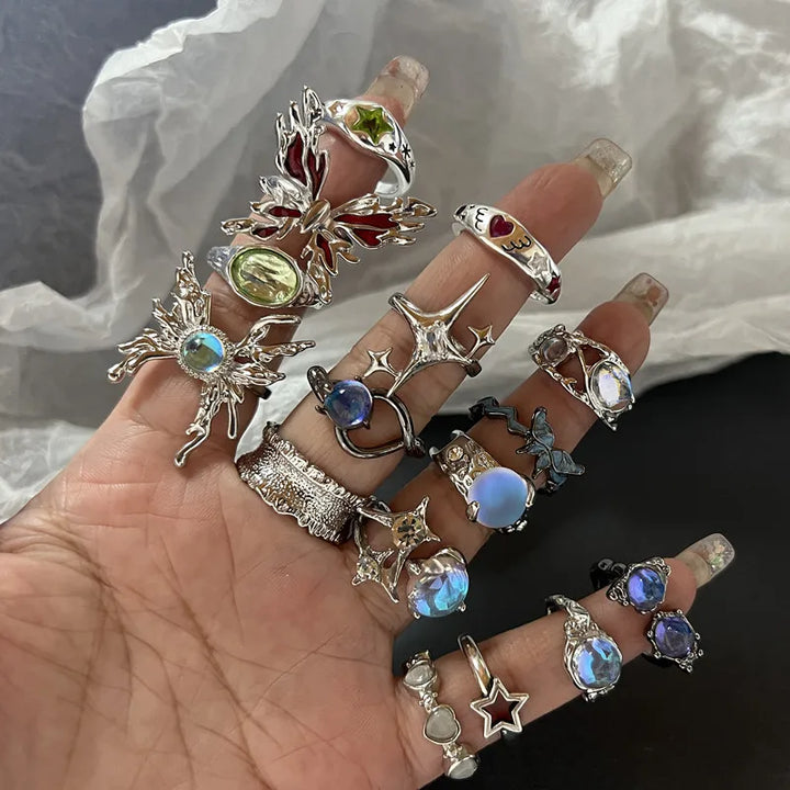 Crystal Rings Heart Punk Vintage Set