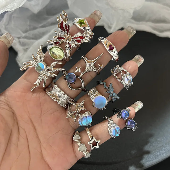 Crystal Rings Heart Punk Vintage Set